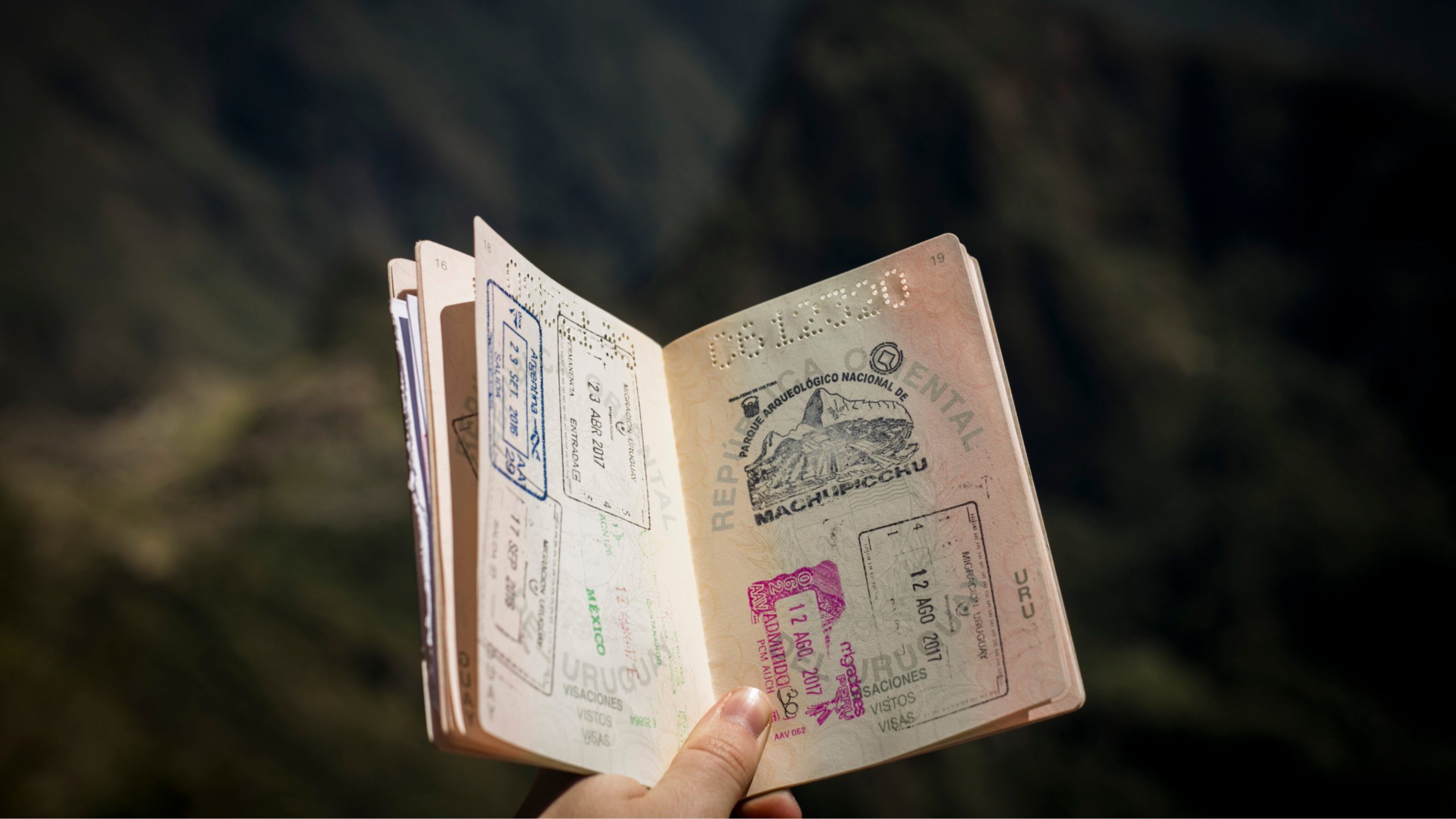 Hand holding passport open with visa stamps visible